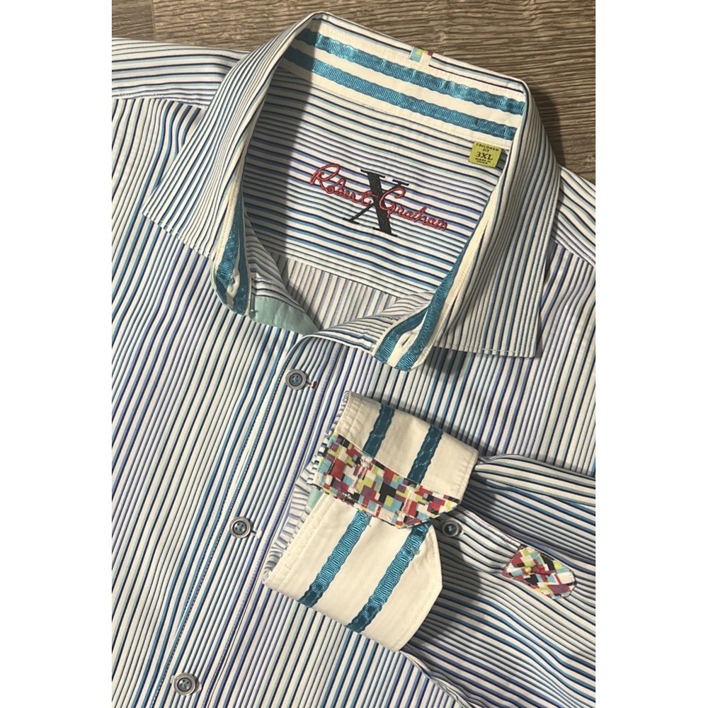 Robert Graham Vertical Blue Striped Flip Cuff TailoredFit  Button-Down Shirt 3XL